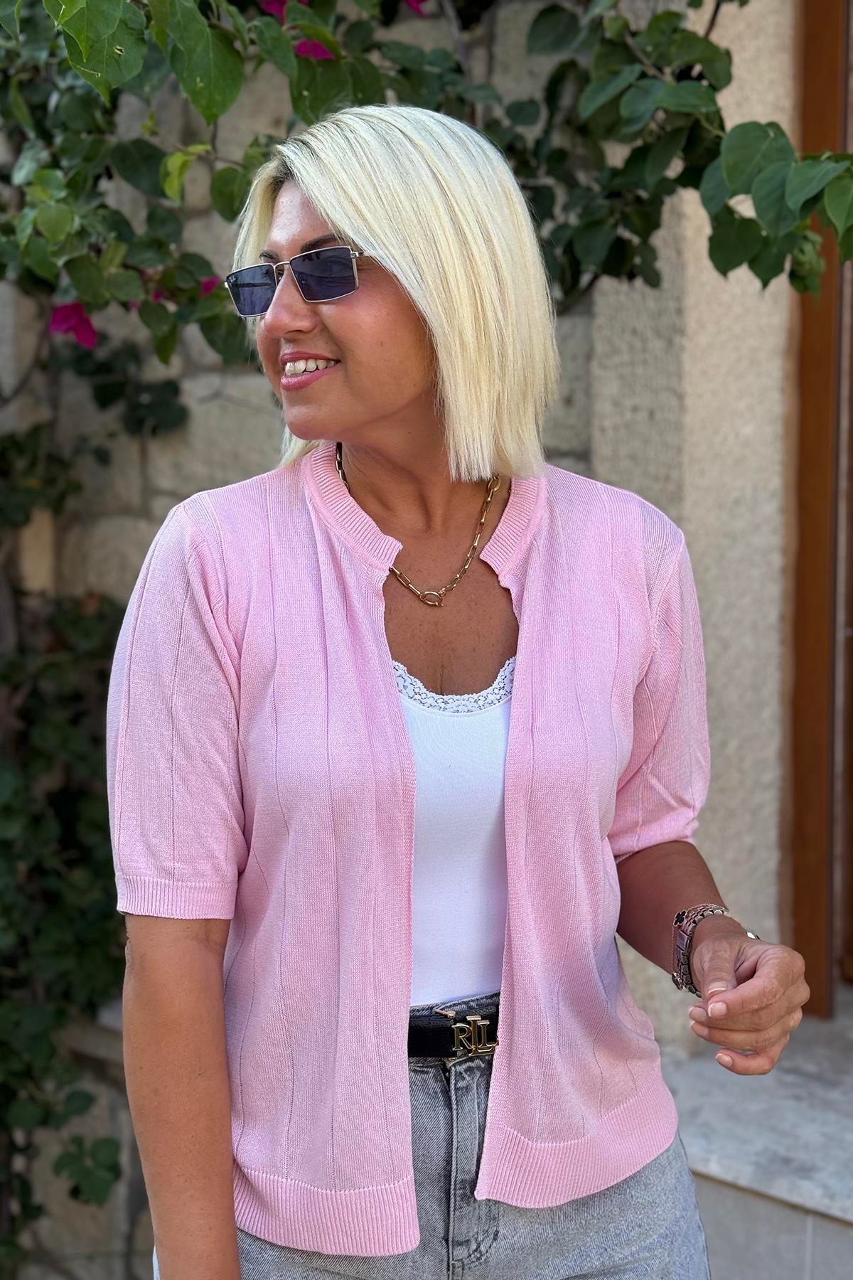 Pembe Kısa Kol İnce Mevsimlik Triko HırkaDK2230121-PEMBE-STD