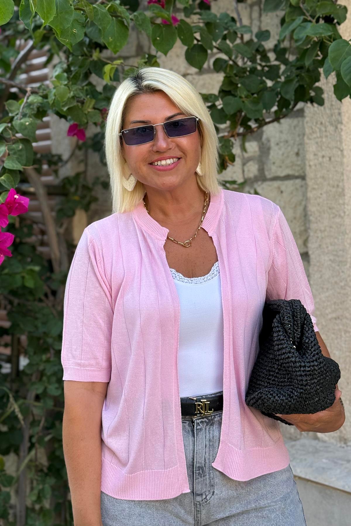 Pembe Kısa Kol İnce Mevsimlik Triko HırkaDK2230121-PEMBE-STD
