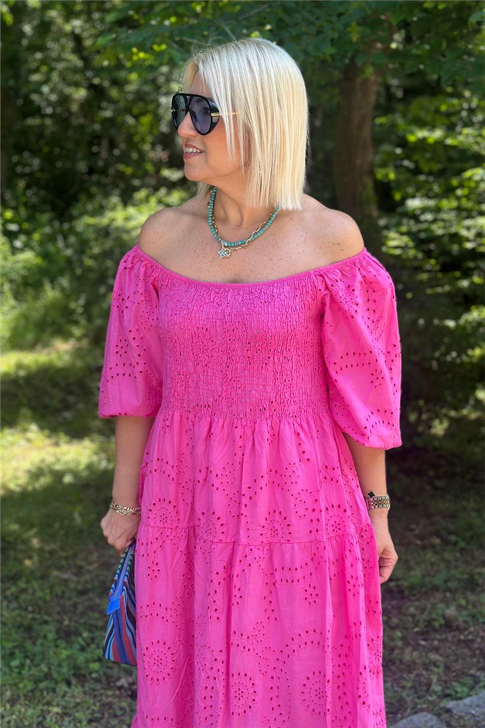 Pembe Omuz Lastikli Gipeli Uzun Fisto ElbiseELB2401272-PEMBE-STD