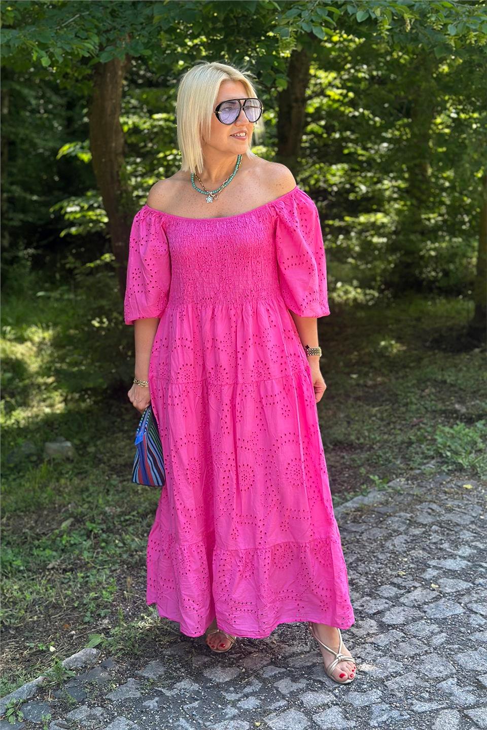 Pembe Omuz Lastikli Gipeli Uzun Fisto ElbiseELB2401272-PEMBE-STD