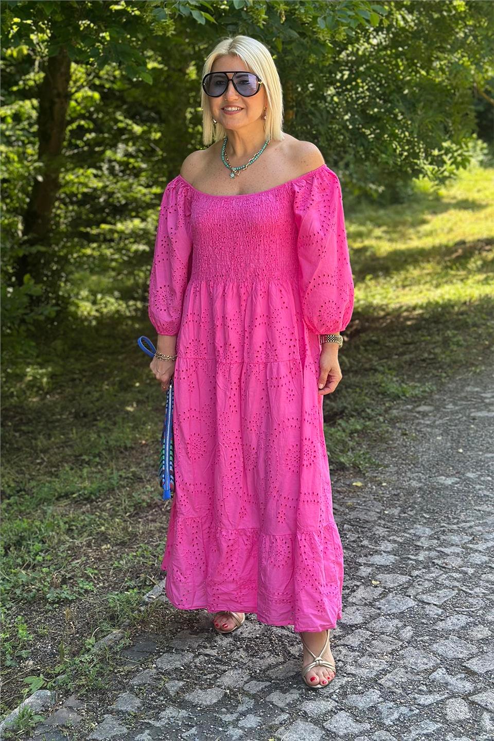 Pembe Omuz Lastikli Gipeli Uzun Fisto ElbiseELB2401272-PEMBE-STD