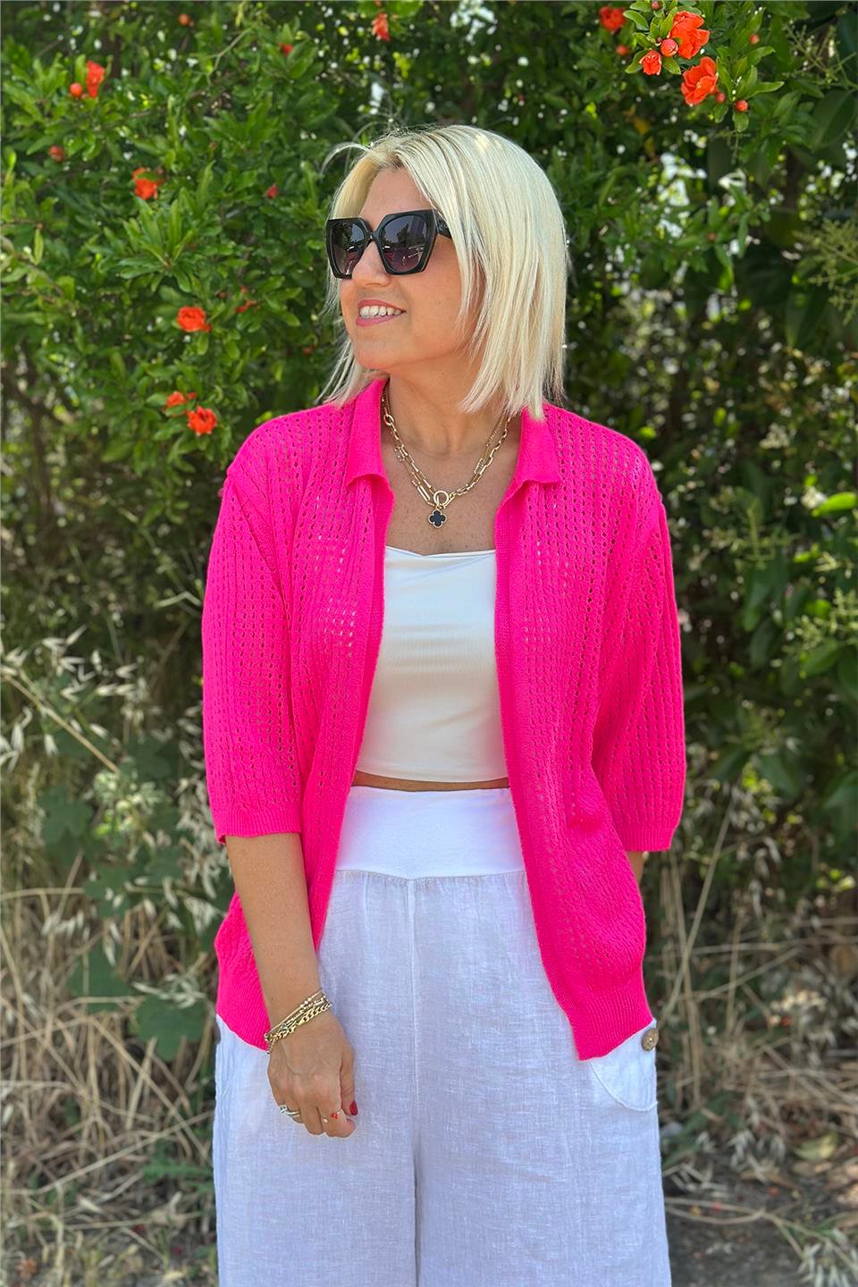 Pembe Polo Yaka Yarım Kol File HırkaUH24110932-PEMBE-STD