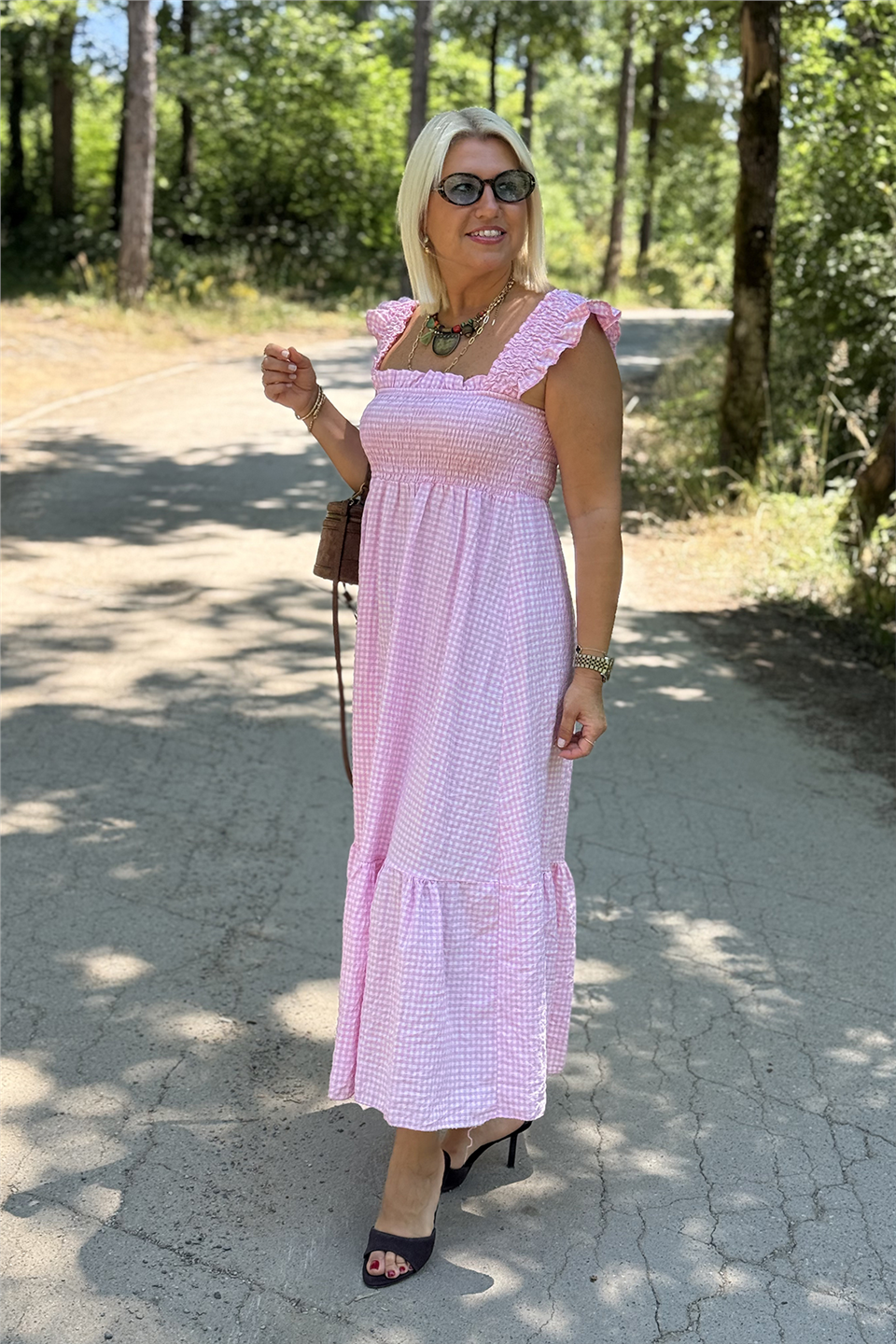 Pembe Pötikare Kolları Fırfırlı Sıfır Kol Pamuklu ElbiseELB26001064-PEMBE-STD