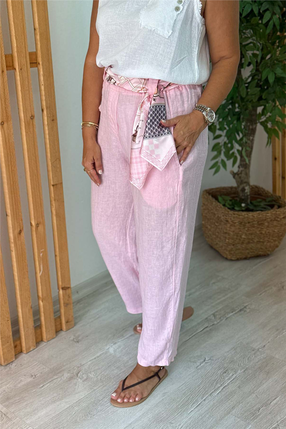 Pembe Saten Kemerli Keten PantolonAPNT20250986-PEMBE-STD