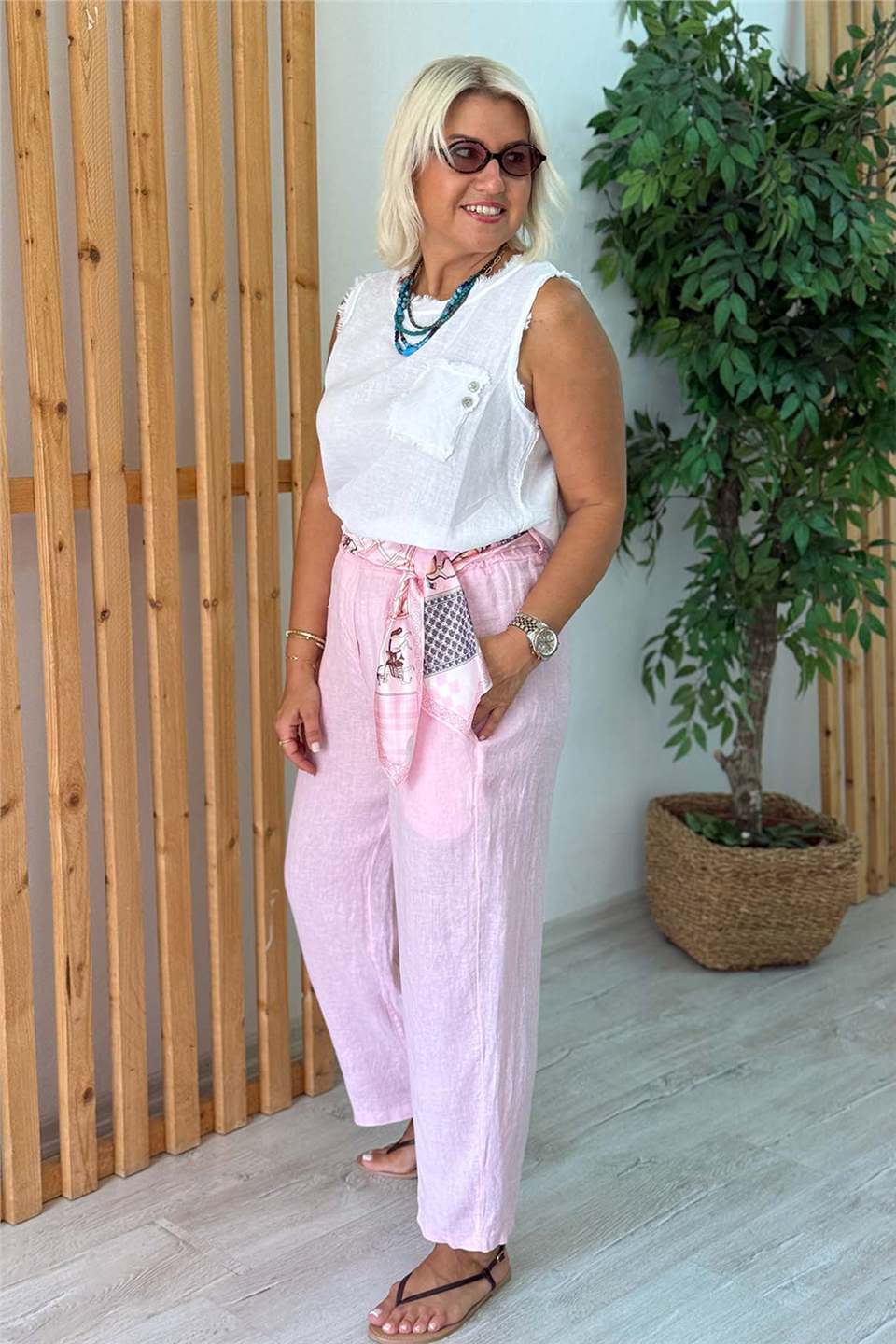 Pembe Saten Kemerli Keten PantolonAPNT20250986-PEMBE-STD