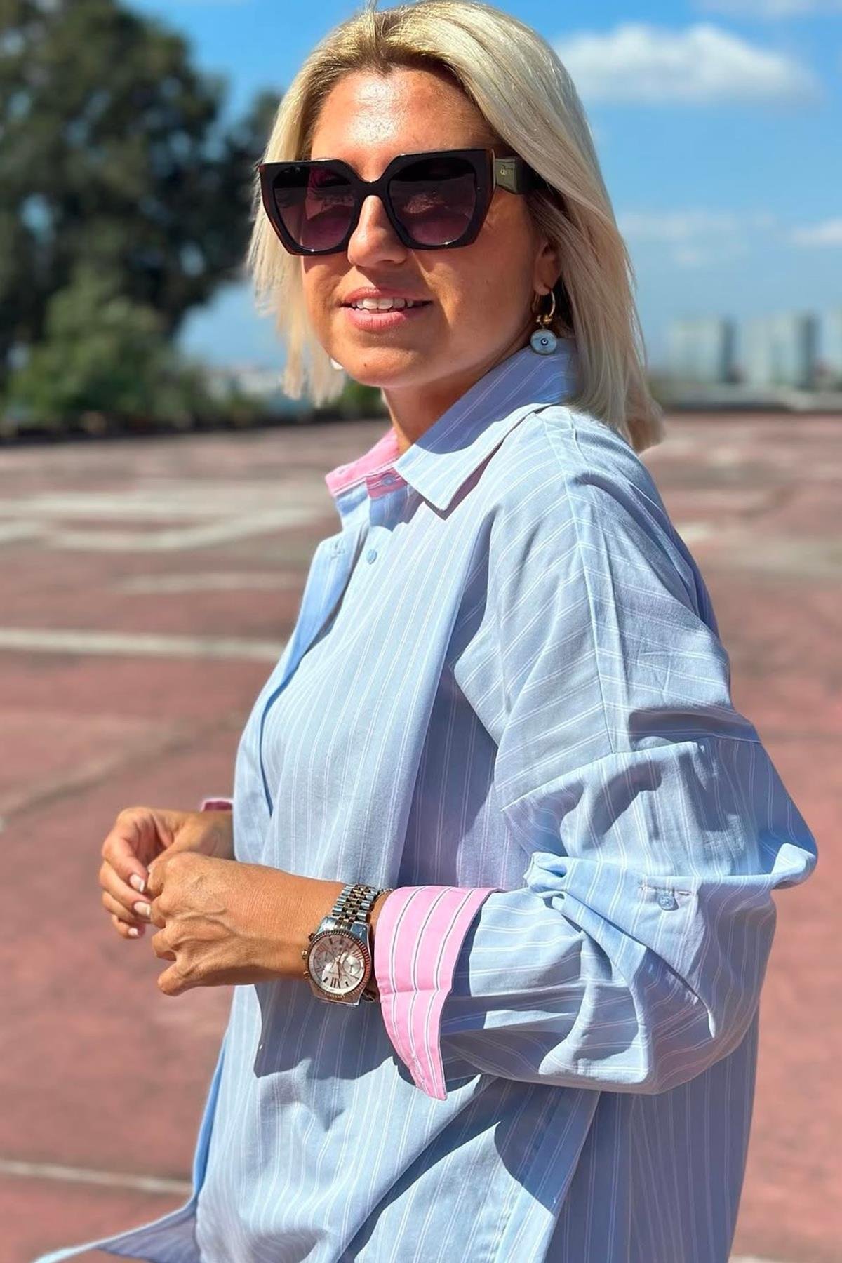 Pembe Şeritli Mavi Çizgili GömlekUG02412101-MAVI-STD