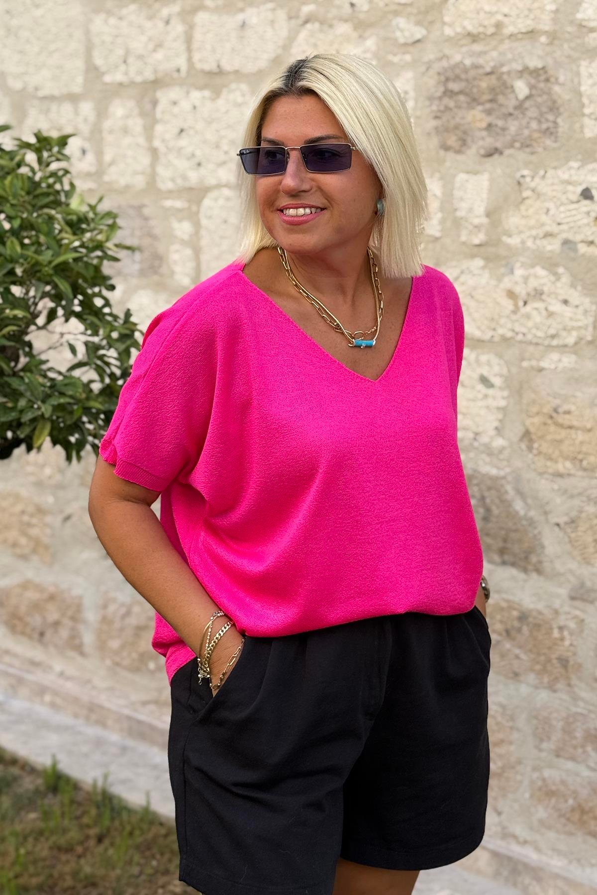 Pembe V Yaka Mevsimlik İnce TrikoUK22802012-PEMBE-STD