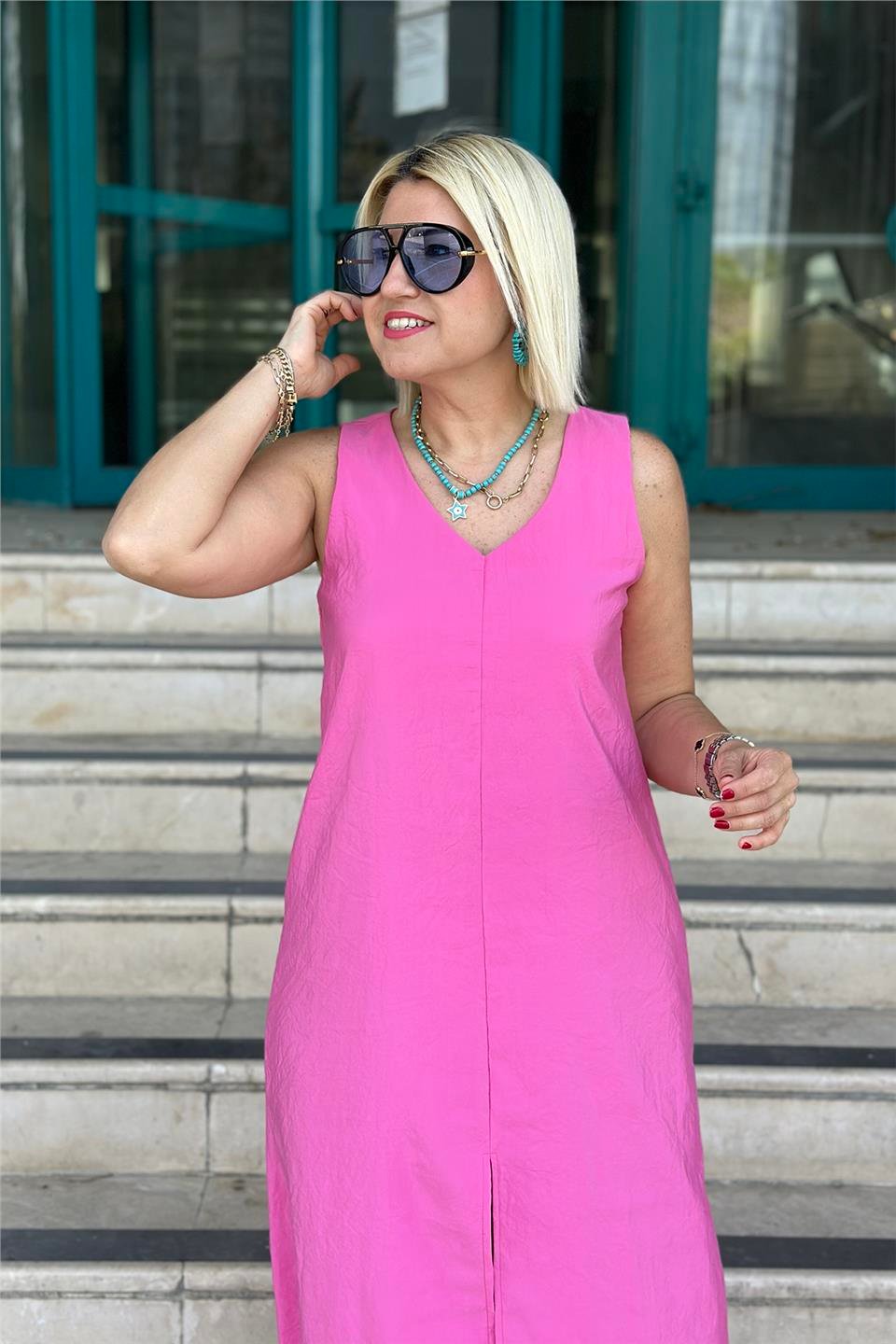 Pembe V Yaka Önden Yırtmaçlı Uzun ElbiseELB2401251-PEMBE-S
