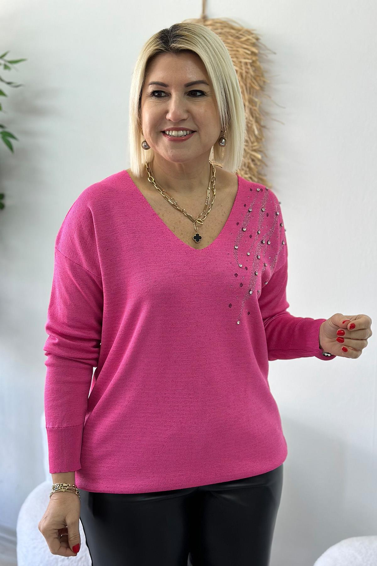 Pembe V Yaka Yakası Taşlı TrikoUT24110940-PEMBE-STD