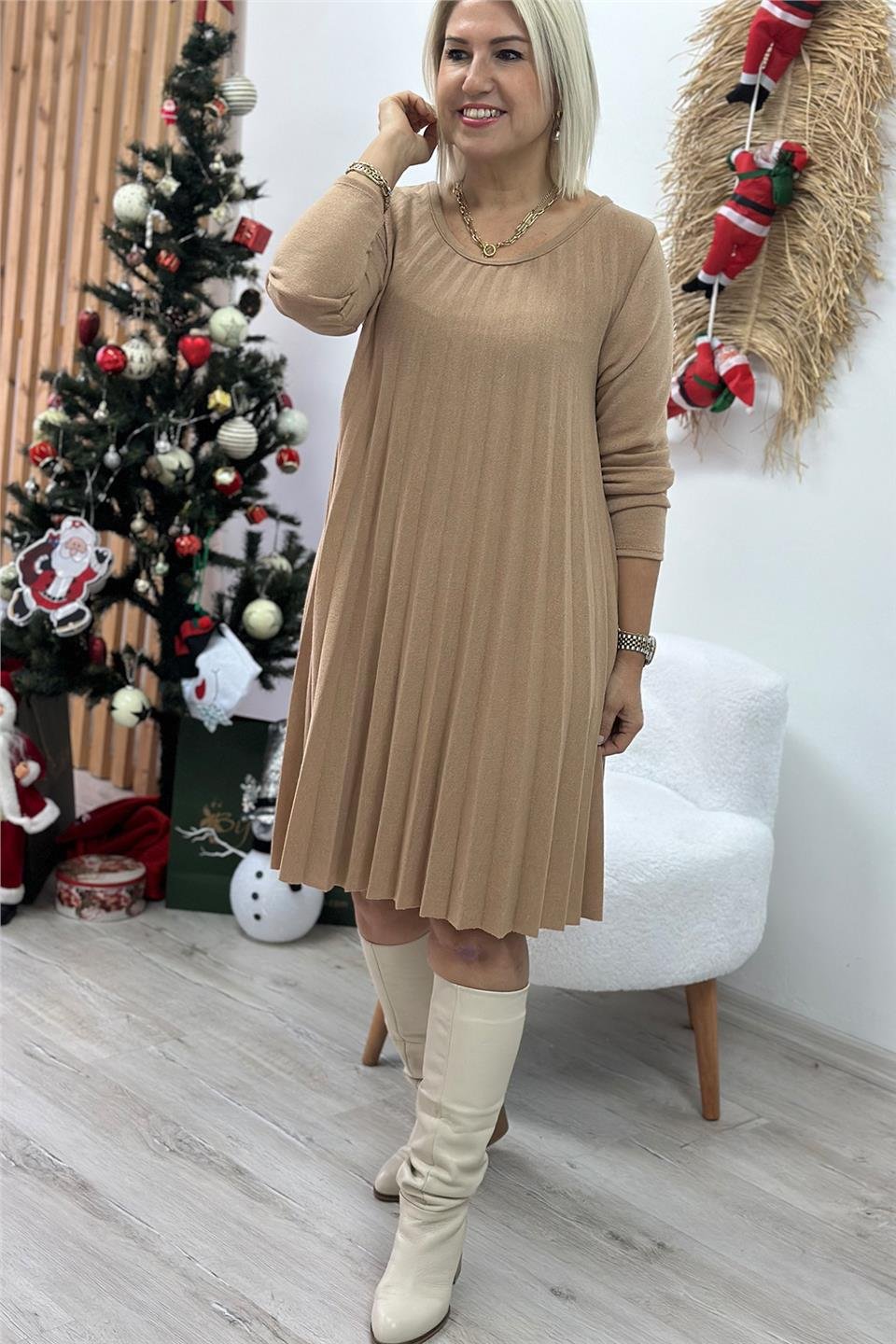 Pileli Camel Örme Kumaş Salaş ElbiseELB2401209-CAMEL-STD