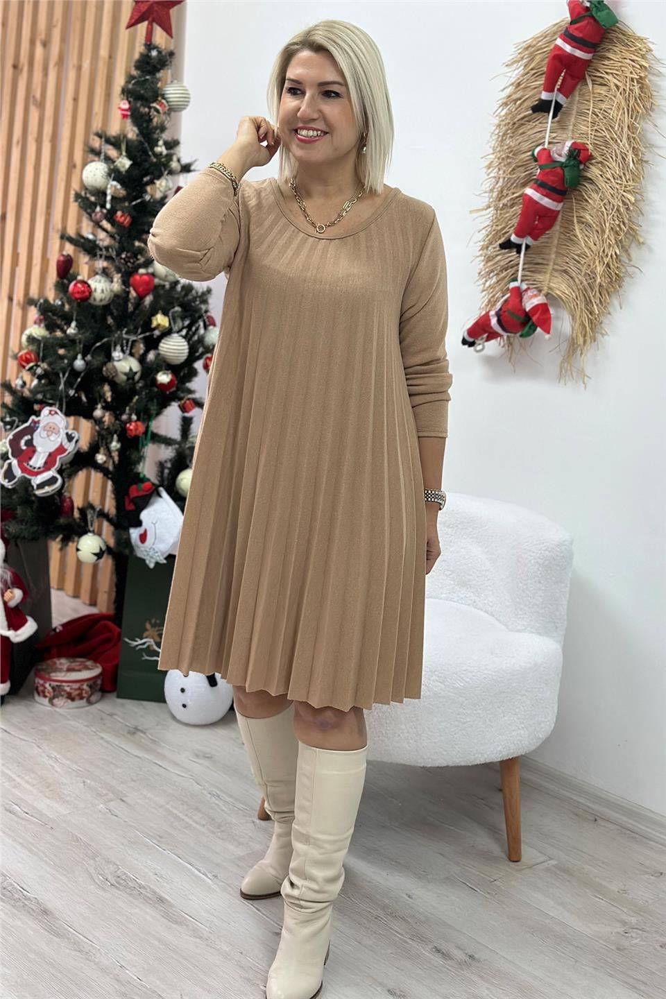 Pileli Camel Örme Kumaş Salaş ElbiseELB2401209-CAMEL-STD