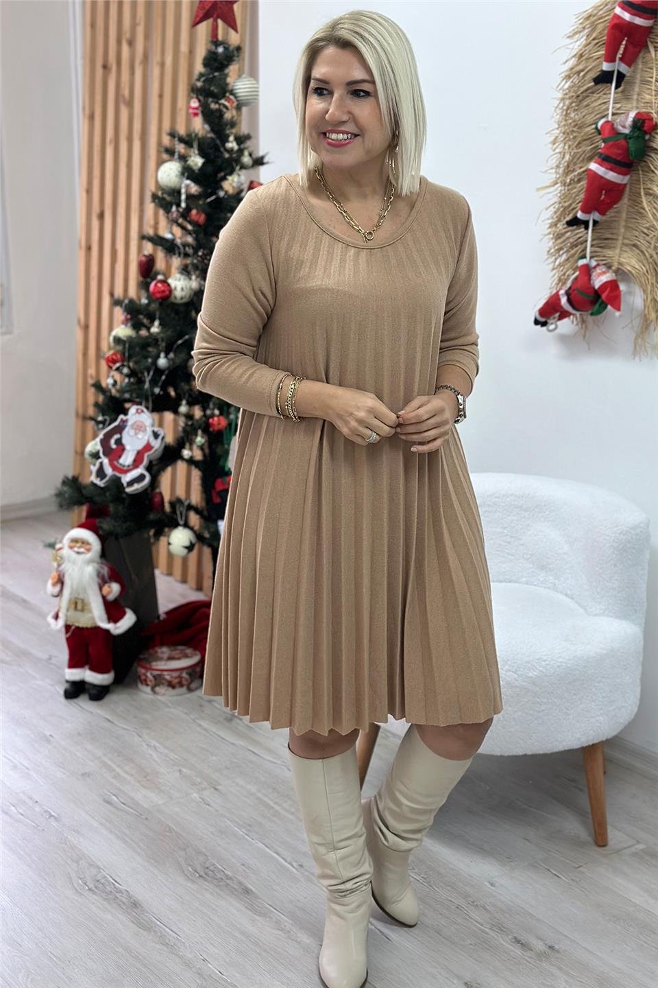 Pileli Camel Örme Kumaş Salaş ElbiseELB2401209-CAMEL-STD
