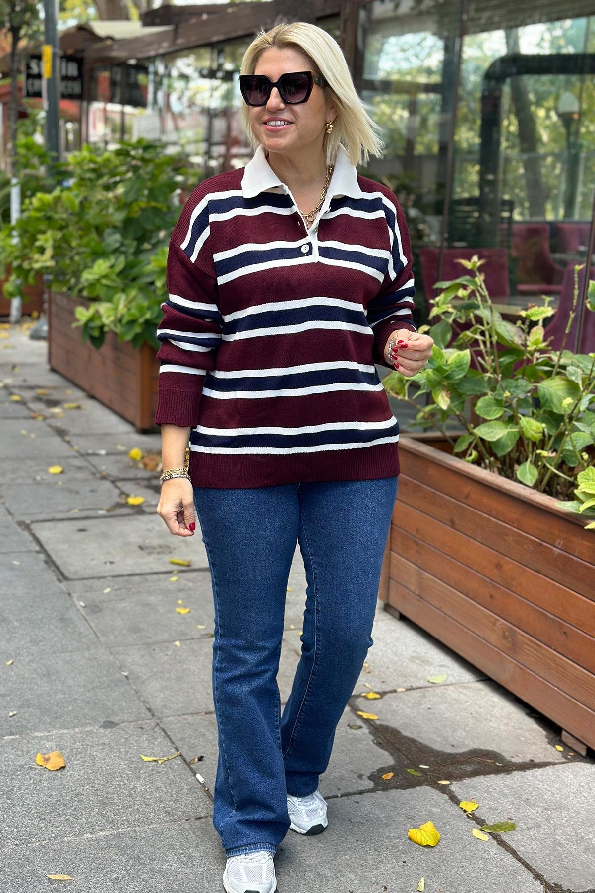 Polo Yaka Bordo Çizgili TrikoUT24110901-BORDO-STD
