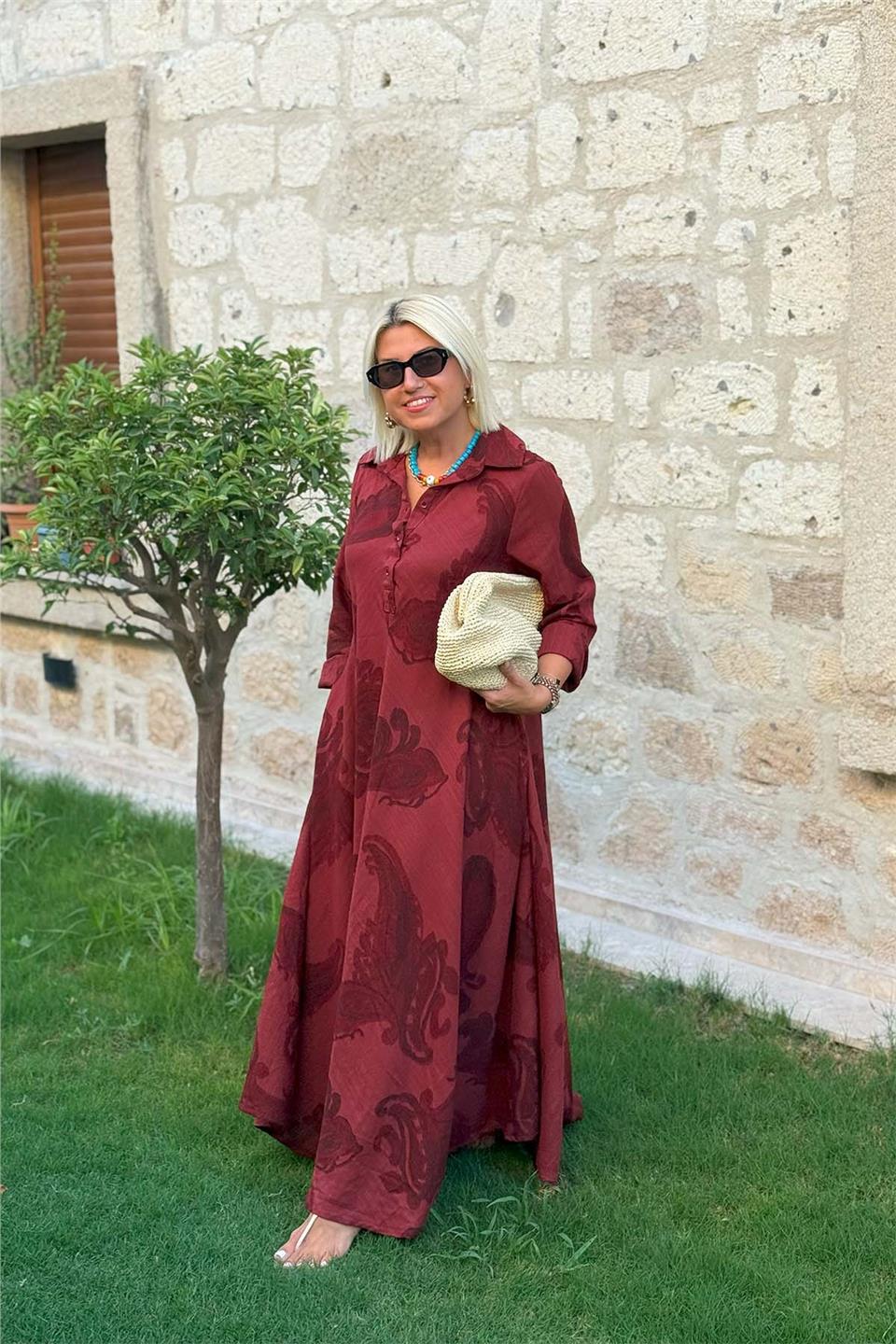 Polo Yaka Düğmeli A Kesim Uzun Kiloş Elbise ELB2401354-BORDO-STD