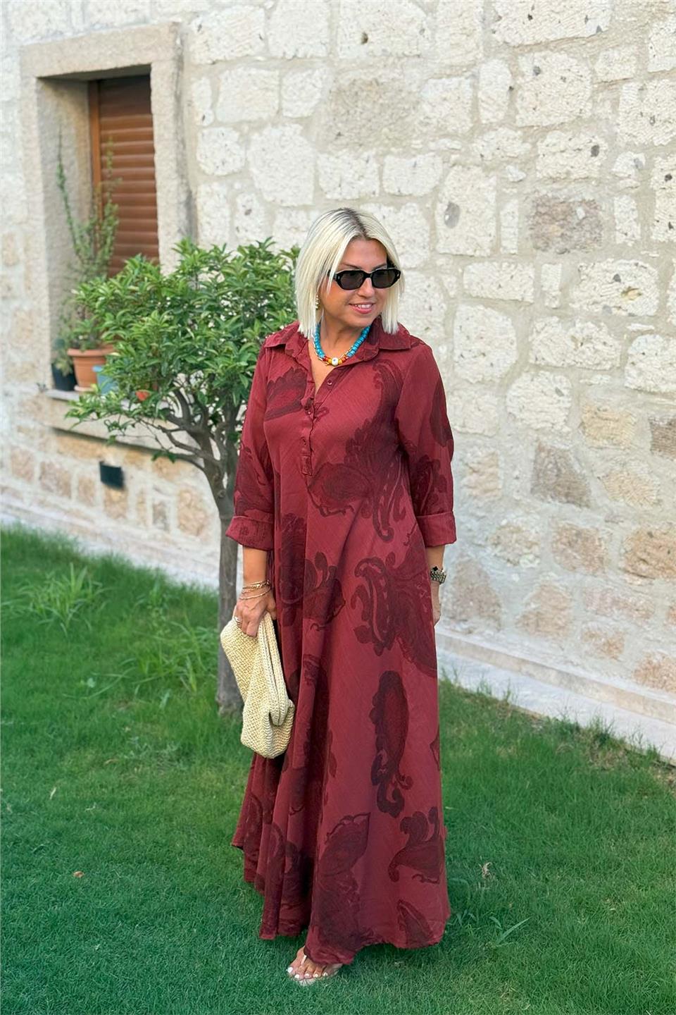Polo Yaka Düğmeli A Kesim Uzun Kiloş Elbise ELB2401354-BORDO-STD