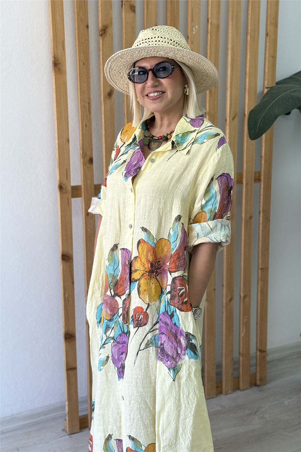 Sarı Çiçek Desen İthal Pamuk Keten Gömlek ElbiseELB26001045-SARI-STD