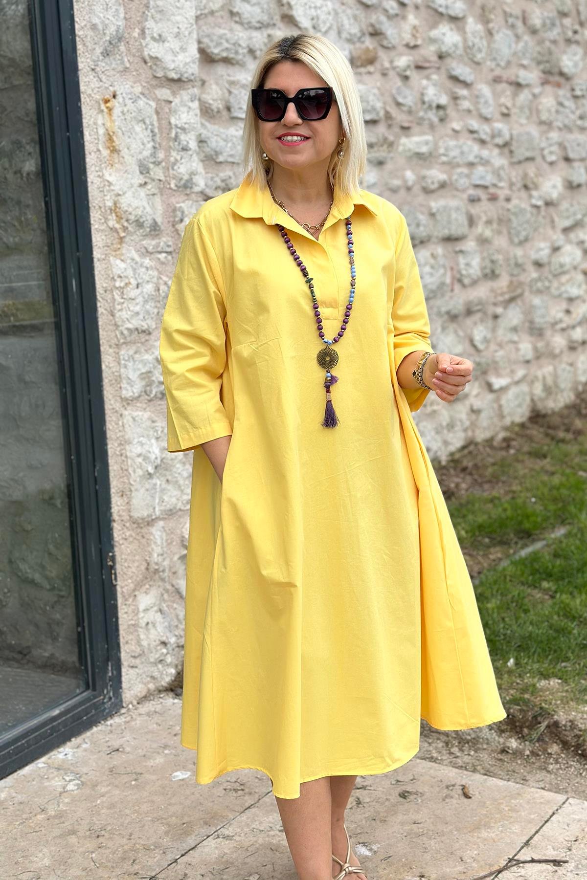 Sarı Polo Yaka Salaş Cotton Çift Cepli ElbiseELB2401230-SARI-S