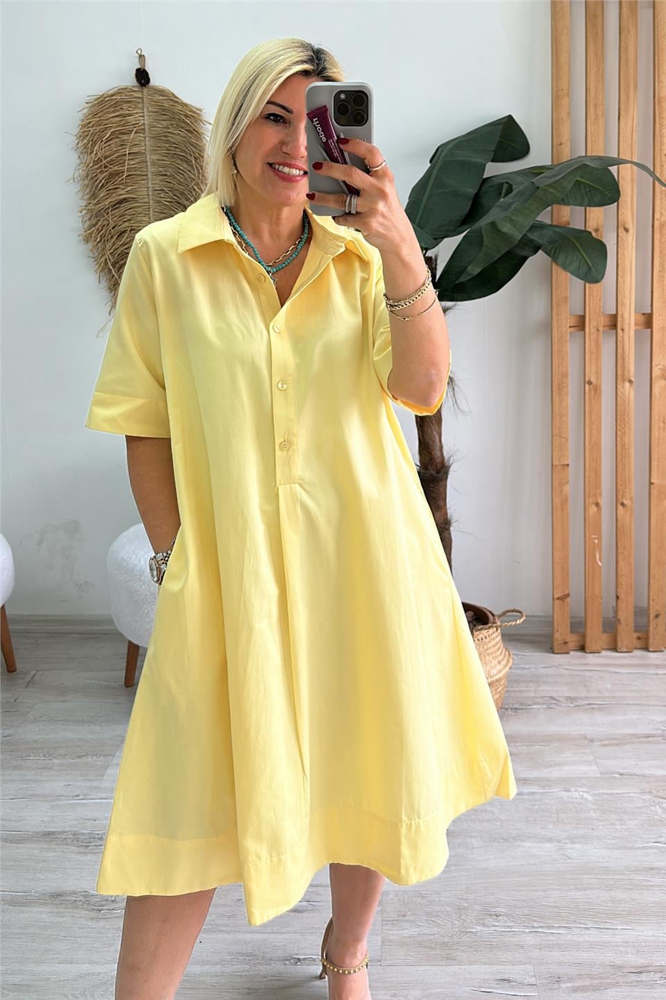 Sarı Polo Yaka Yarım Pat Düğmeli Salaş ElbiseELB2401264-SARI-42