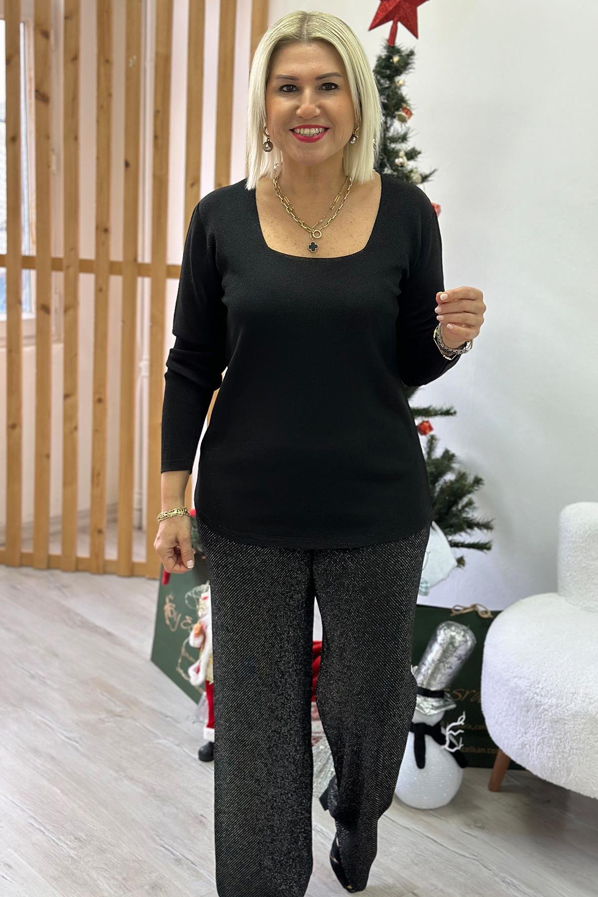Simli Beli Lastikli Lycralı PantolonAP24110904-GUMUS-STD