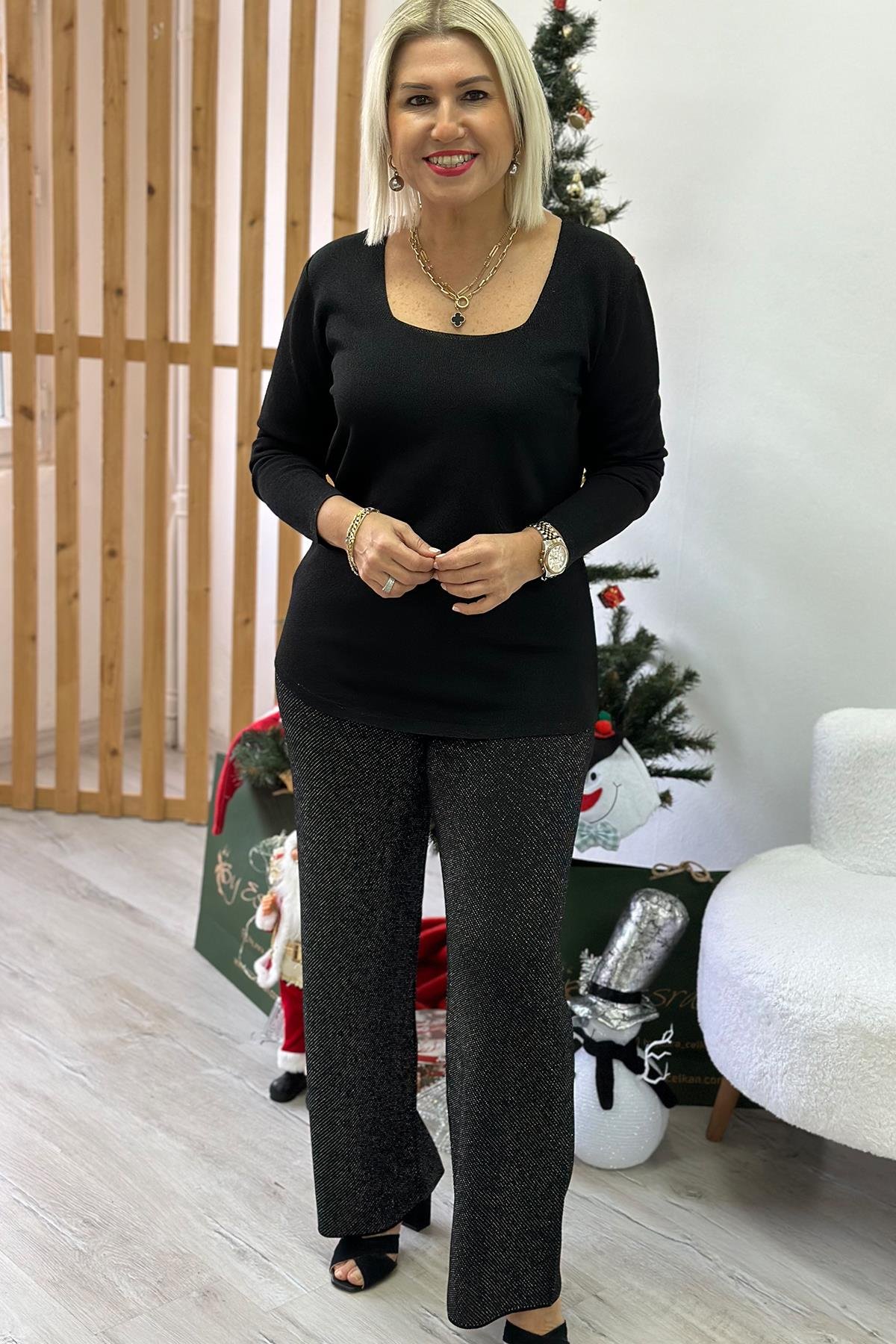 Simli Beli Lastikli Lycralı PantolonAP24110904-GUMUS-STD