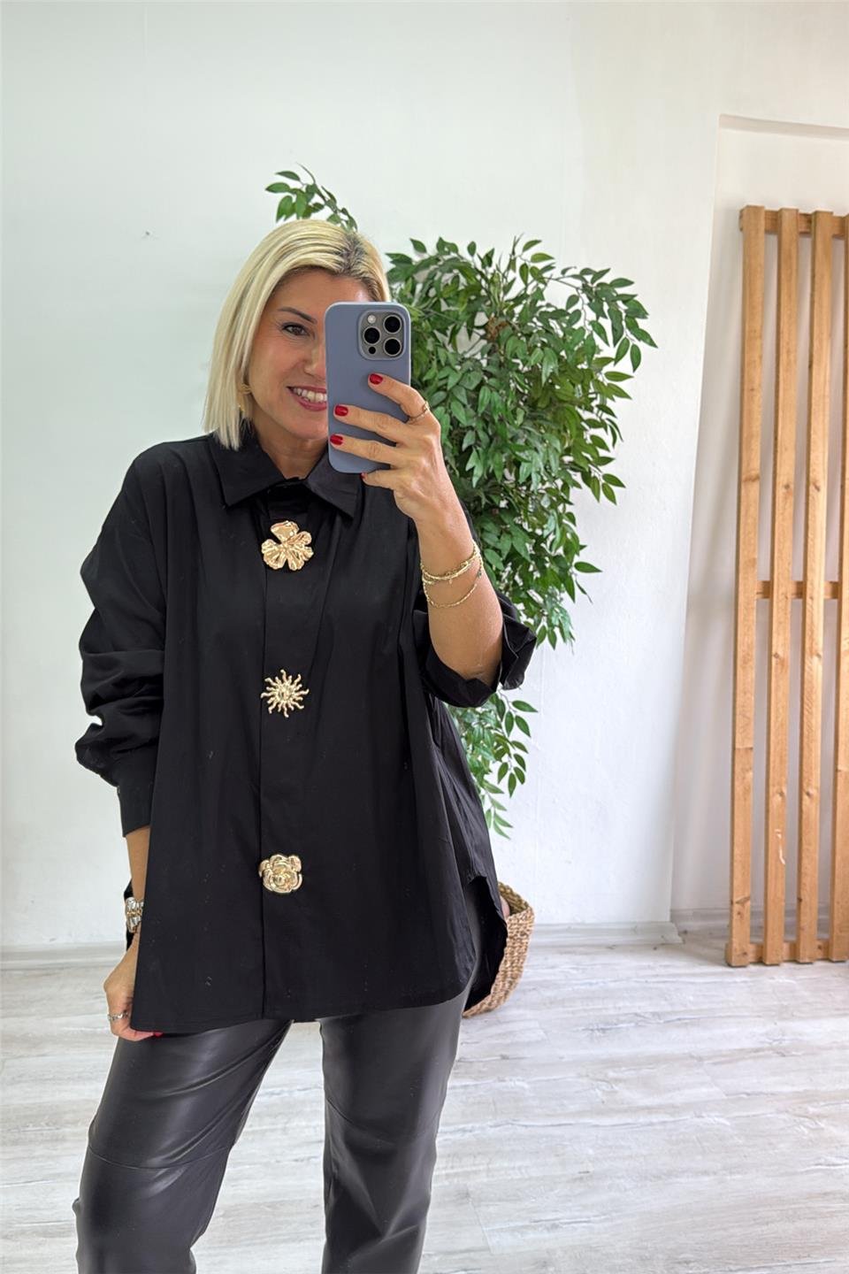 Siyah Aksesuar İğneli Salaş Cotton GömlekUG02412143-SIYAH-STD