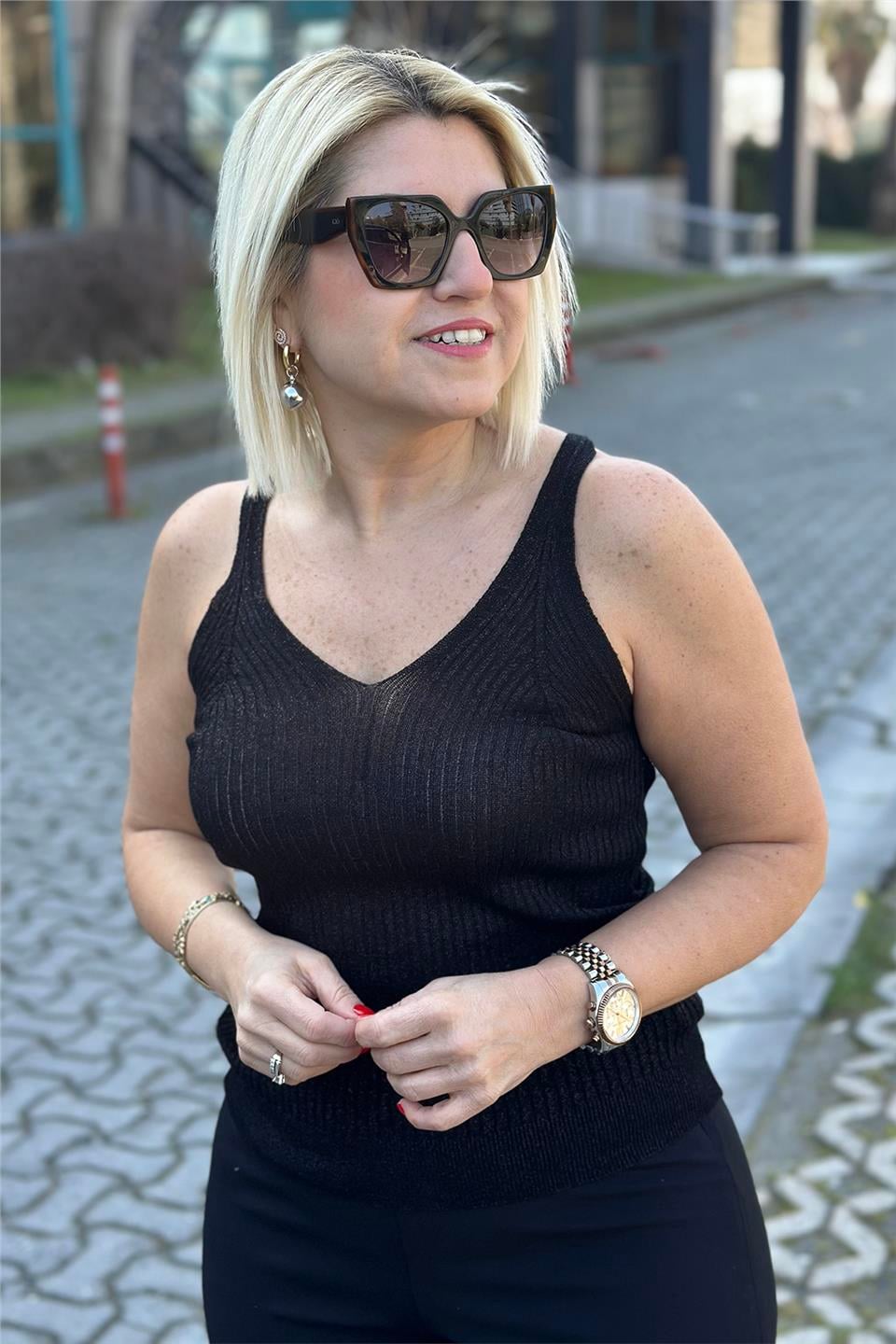 Siyah Askılı V Yaka Simli İnce TrikoUT24110977-SIYAH-STD