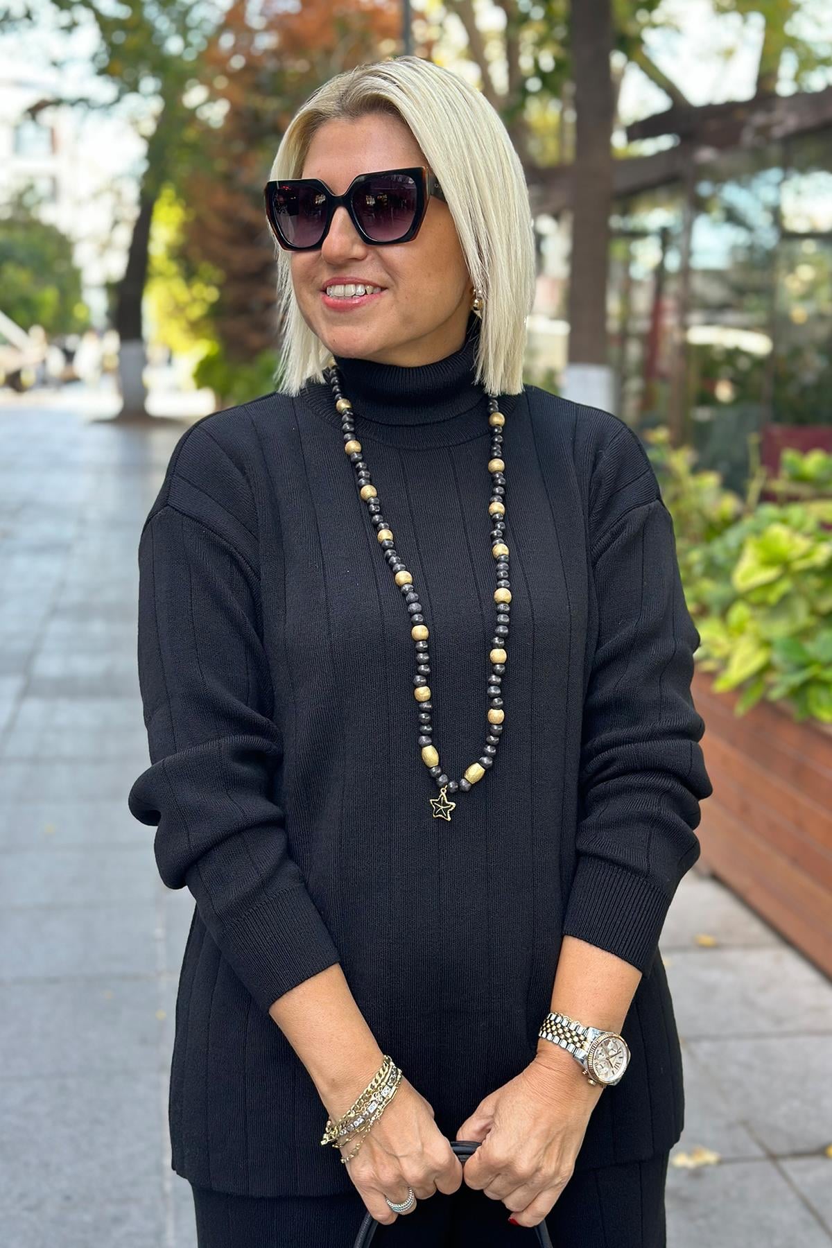 Siyah Balıkçı Fitili İkili Triko TakımUK2260383-SIYAH-STD