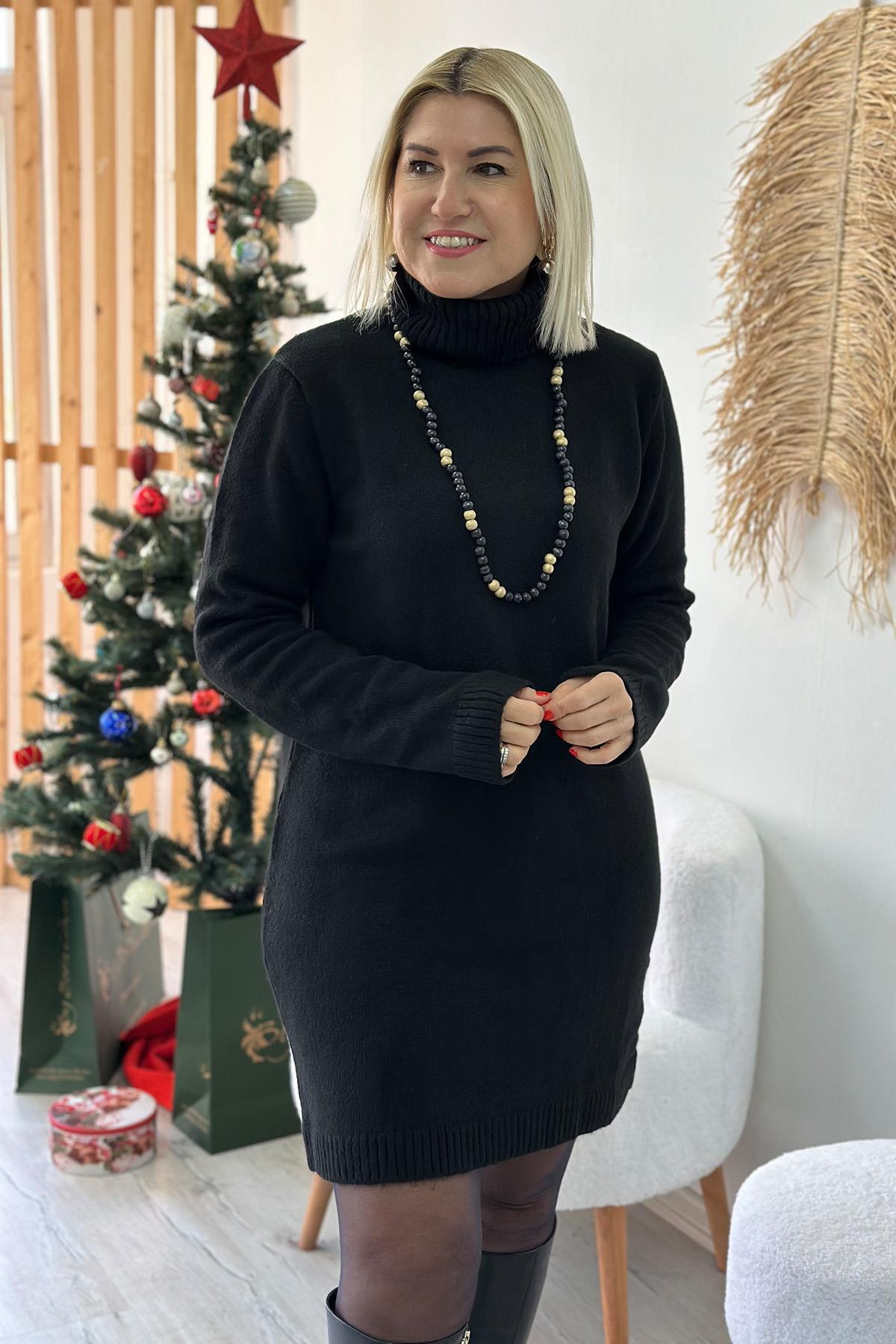 Siyah Balıkçı Yaka Kolyeli Triko ElbiseELB2401211-SIYAH-STD