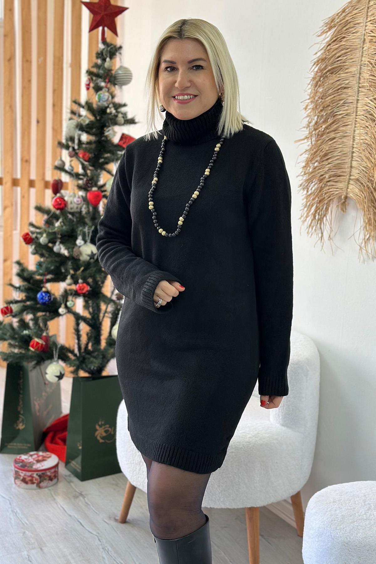 Siyah Balıkçı Yaka Kolyeli Triko ElbiseELB2401211-SIYAH-STD