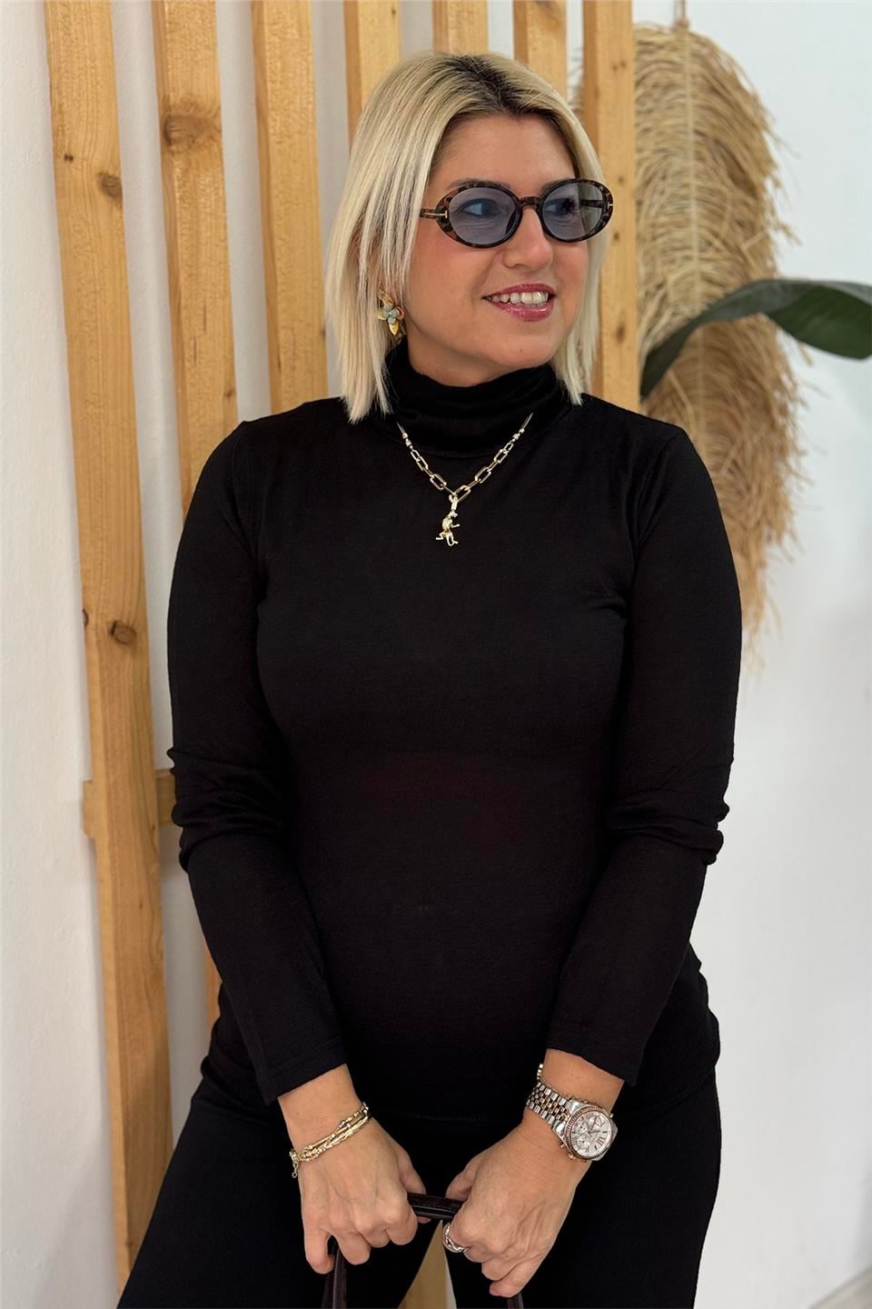 Siyah Balıkçı Yaka Transparan Pamuk BluzUBL2412259-SIYAH-S