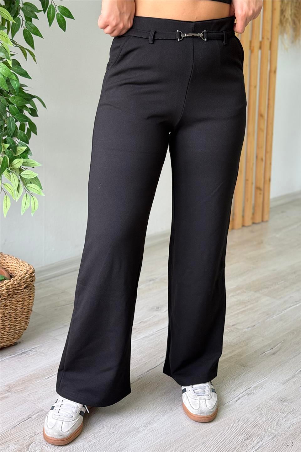 Siyah Beli Aksesuarlı Bol Paça PantolonAPNT20250913-SIYAH-36