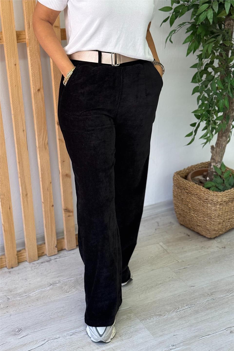Siyah Beli Kemerli Bol Paça Lycralı Kadife PantolonAPNT20250909-SIYAH-STD