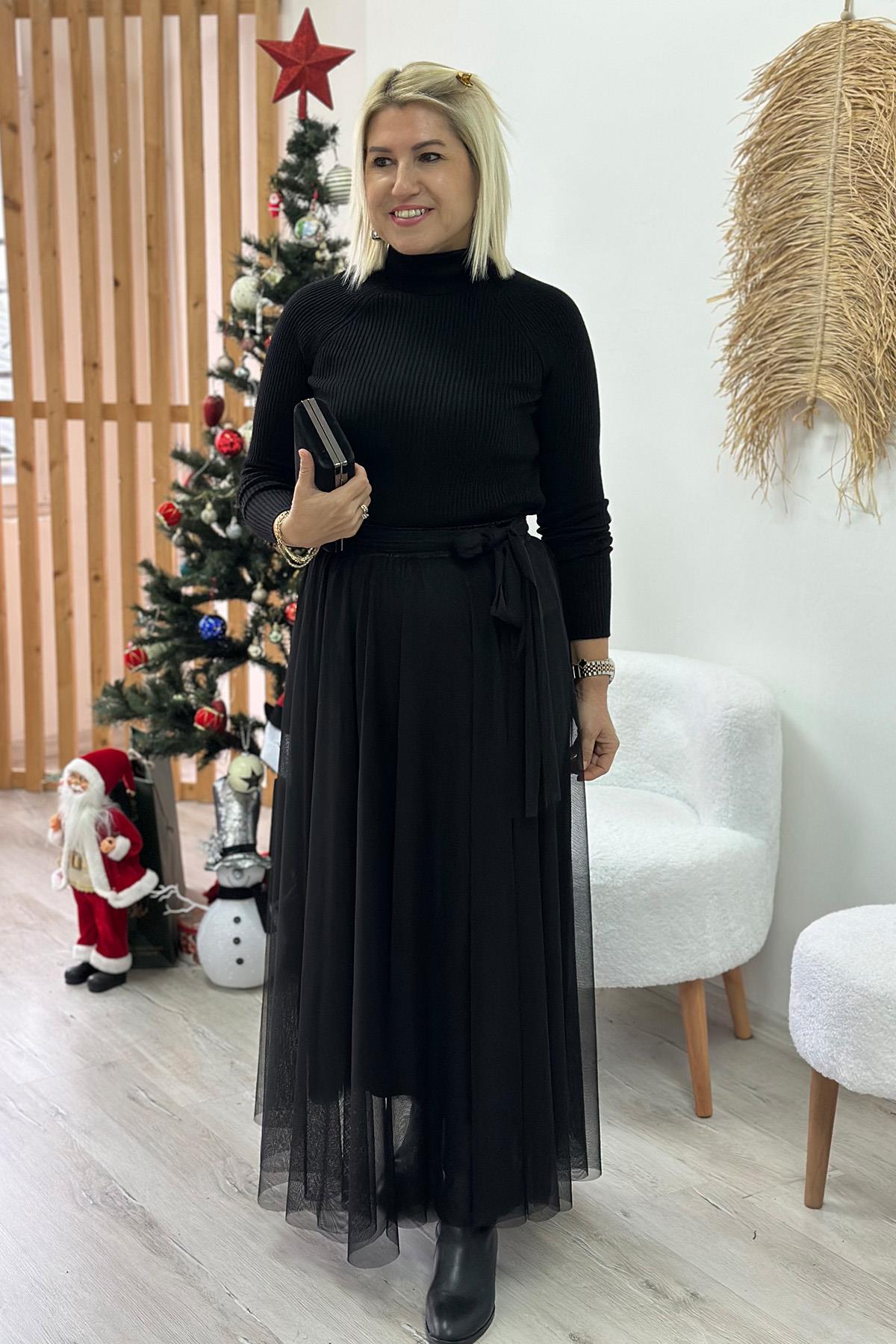 Siyah Beli Lastikli Astarlı Tül EtekAY221067-SIYAH-STD