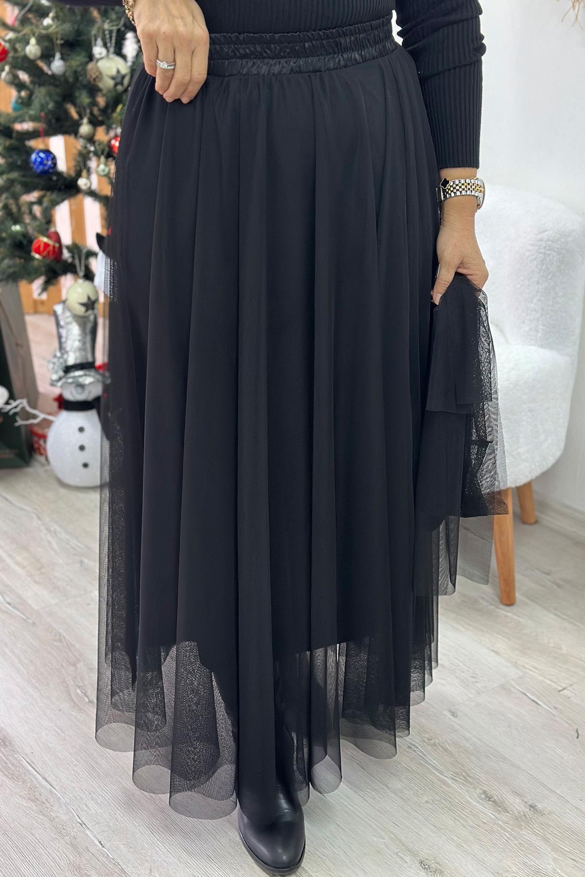 Siyah Beli Lastikli Astarlı Tül EtekAY221067-SIYAH-STD