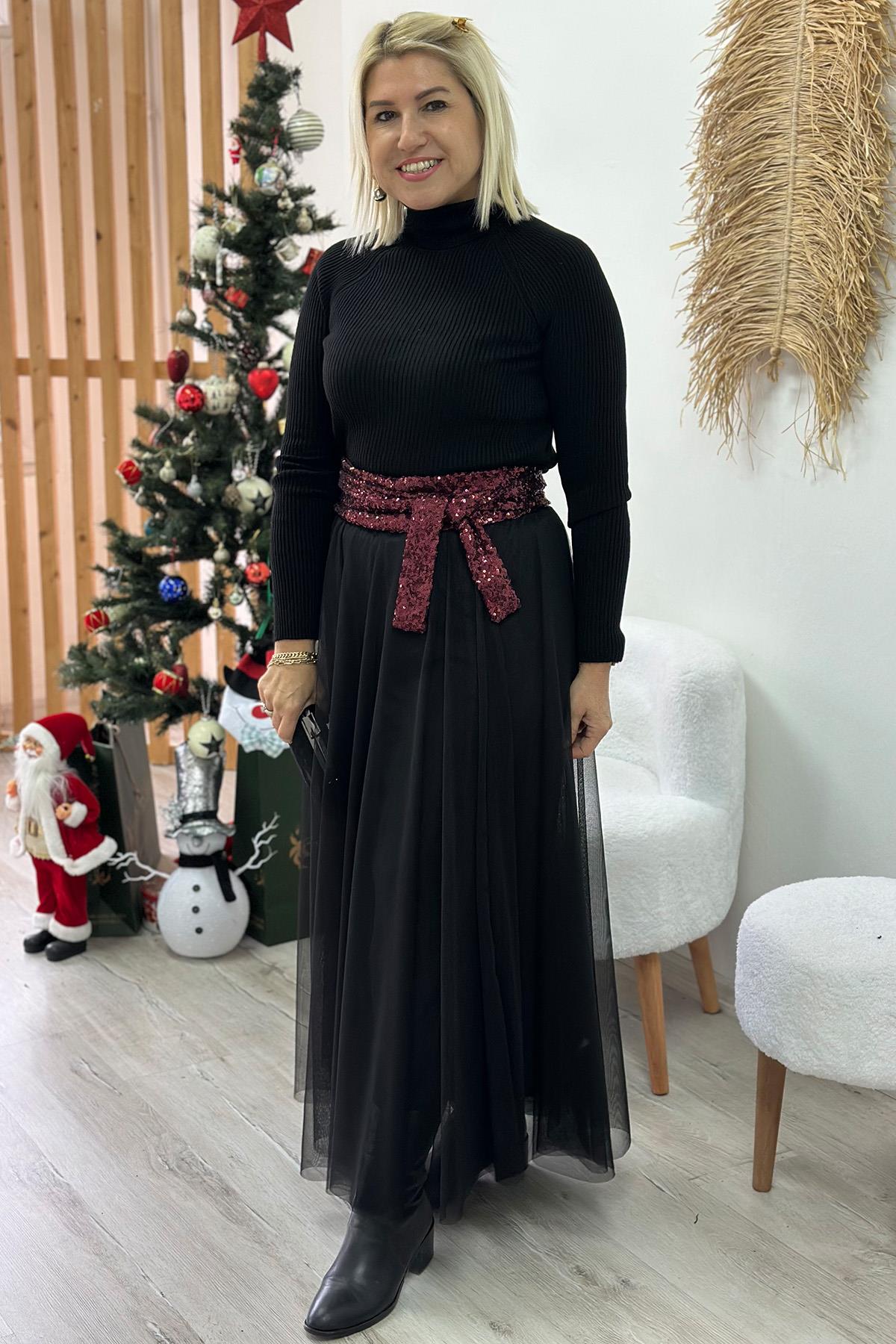 Siyah Beli Lastikli Astarlı Tül EtekAY221067-SIYAH-STD