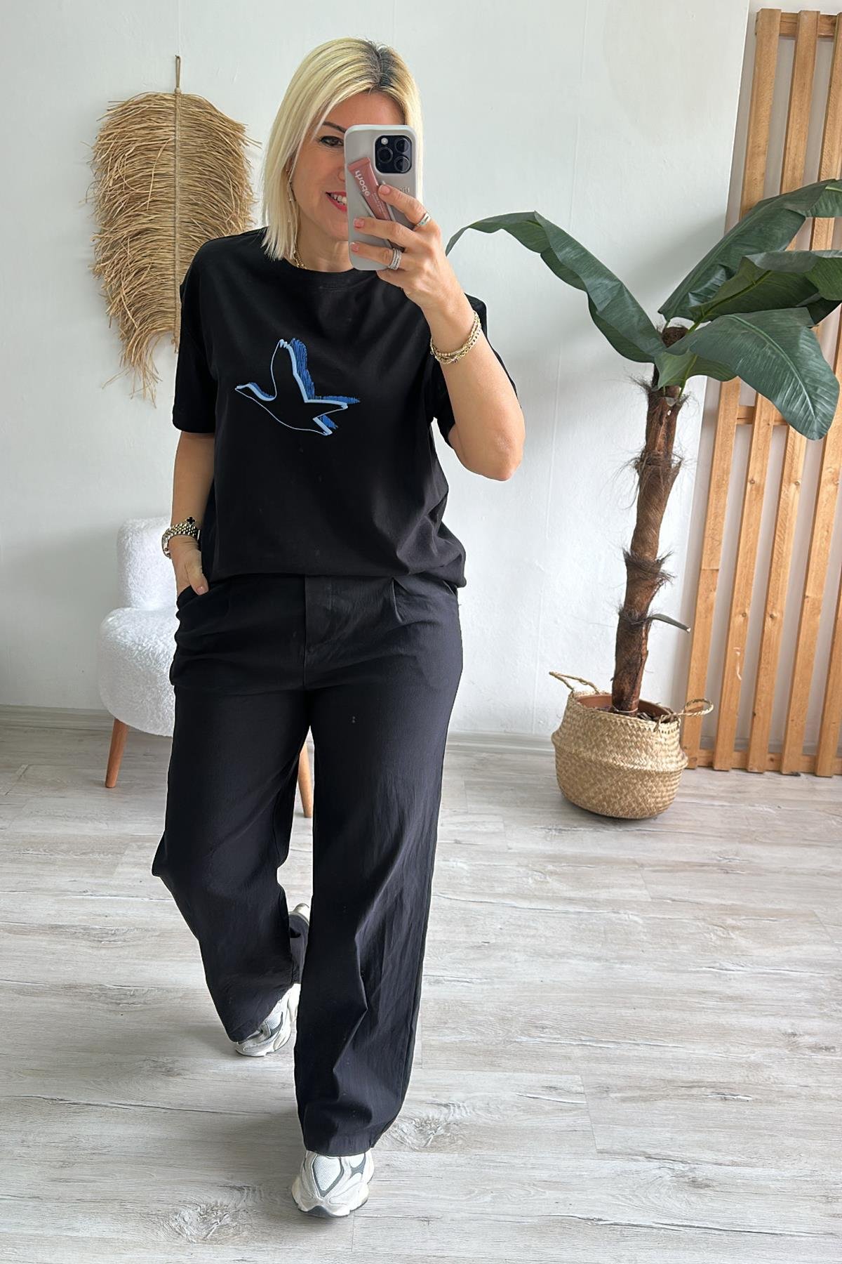 Siyah Beli Lastikli Bol Paça Full Lycralı PantolonUK224048114-SIYAH-STD