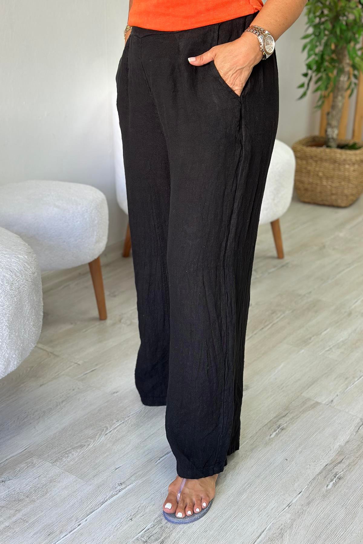 Siyah Beli Lastikli Bol Paça Keten PantolonUK224048136-SIYAH-STD