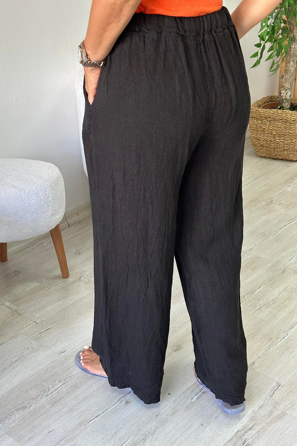 Siyah Beli Lastikli Bol Paça Keten PantolonUK224048136-SIYAH-STD