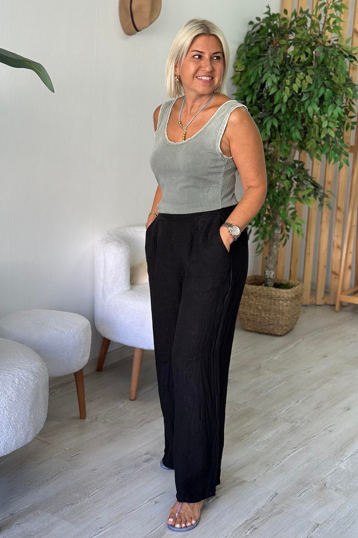Siyah Beli Lastikli Bol Paça Keten PantolonUK224048136-SIYAH-STD