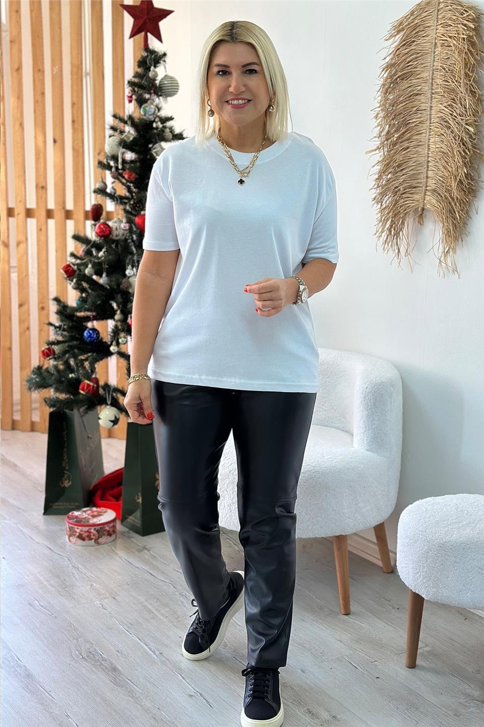 Siyah Beli Lastikli Dikiş Detay Boru Paça Deri PantolonUK224048110-SIYAH-S