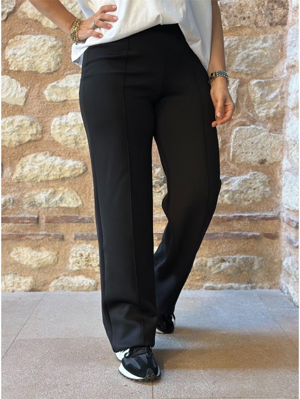 Siyah Beli Lastikli Önden Dikişli Scuba Pantolon UK224048133-Siyah
