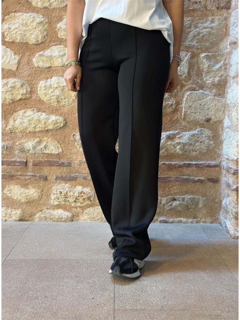 Siyah Beli Lastikli Önden Dikişli Scuba Pantolon UK224048133-Siyah