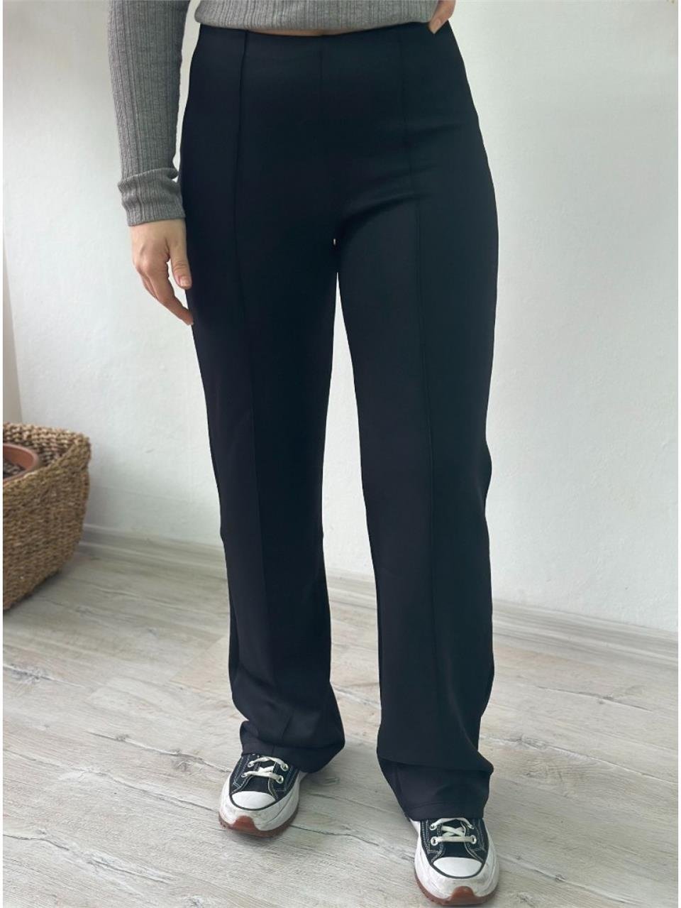 Siyah Beli Lastikli Önden Dikişli Scuba Pantolon UK224048133-Siyah
