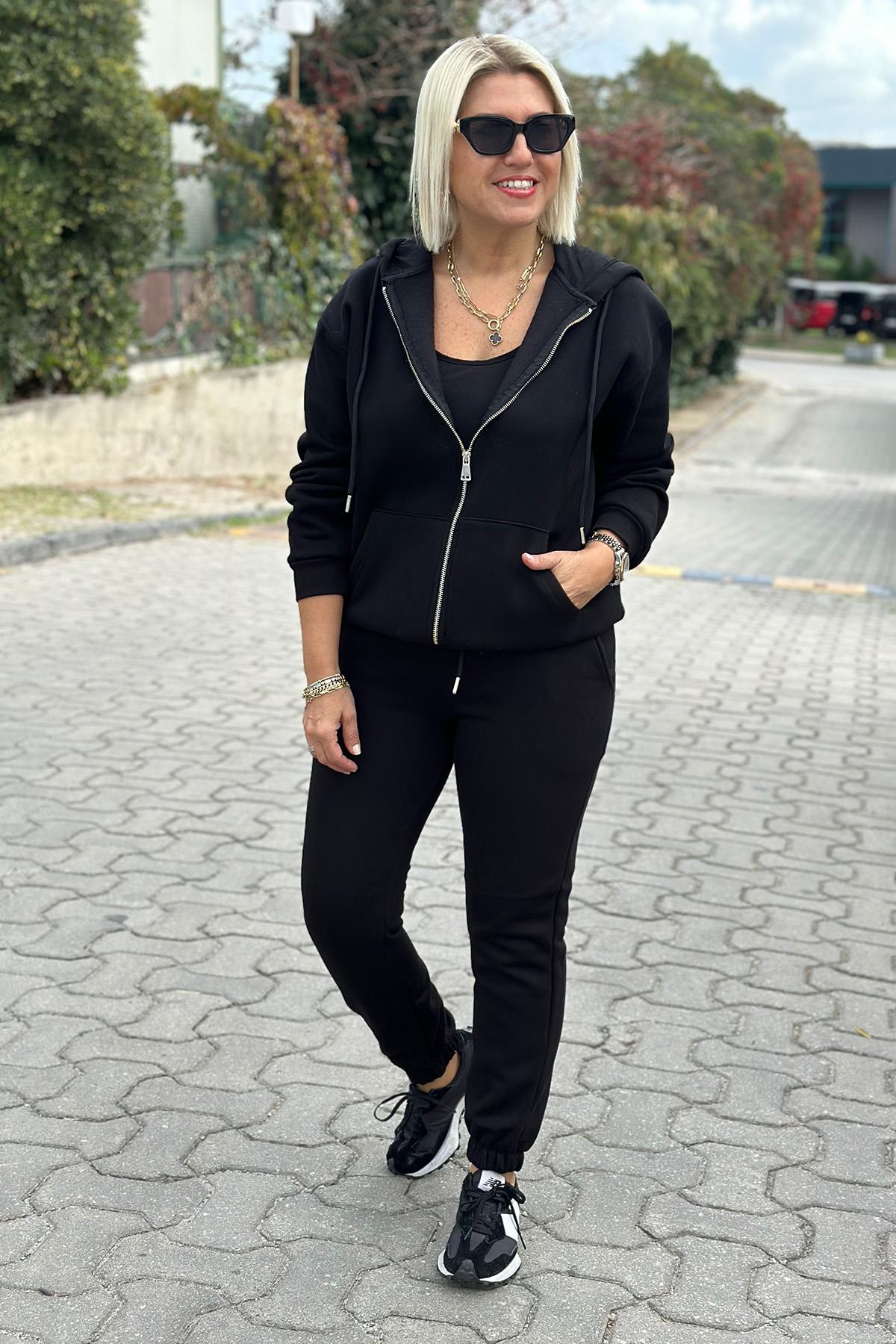 Siyah Beli Lastikli Şardonlu Eşofman AltıUK224048109-SIYAH-S
