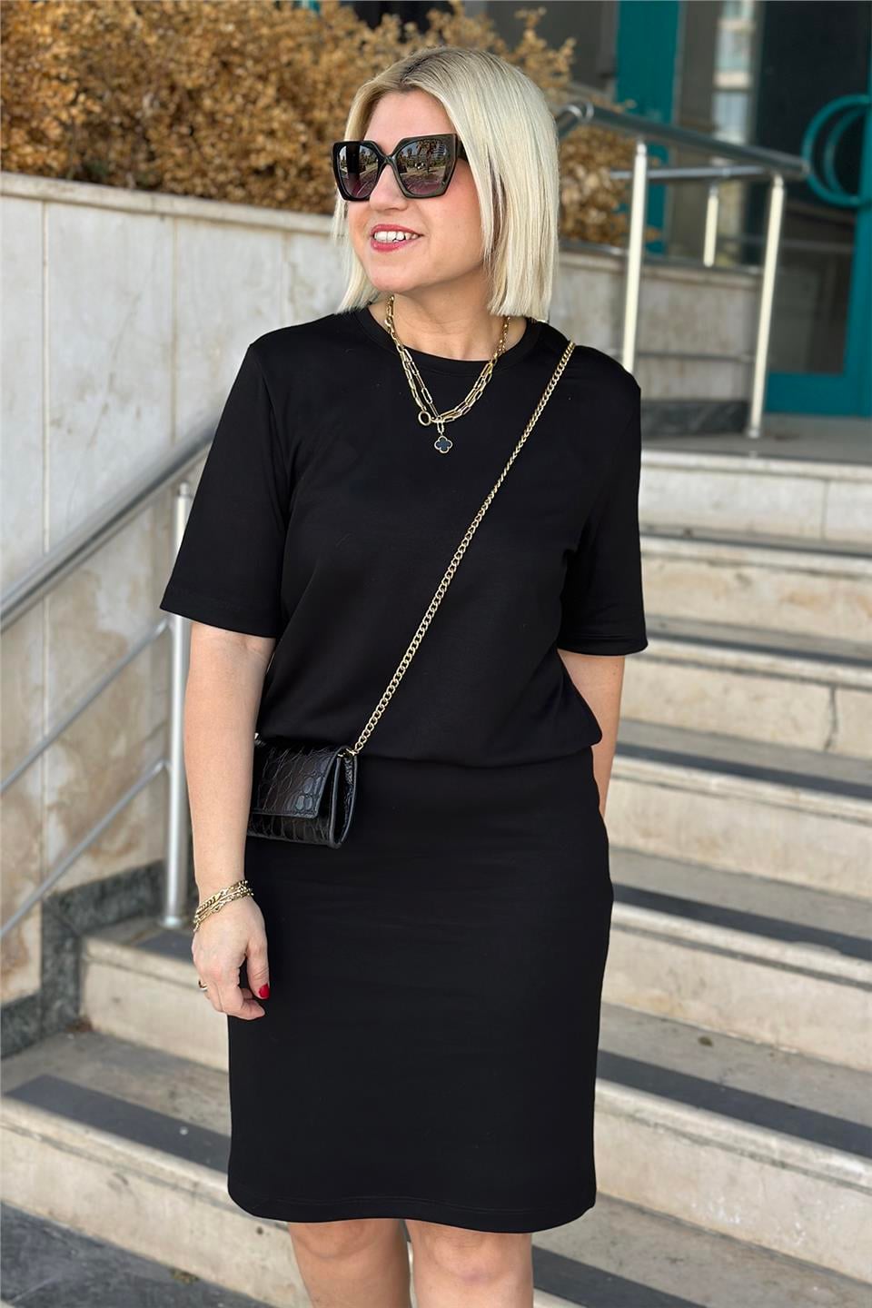 Siyah Bisiklet Yaka Beli Lastikli Mini ElbiseELB2401238-SIYAH-42