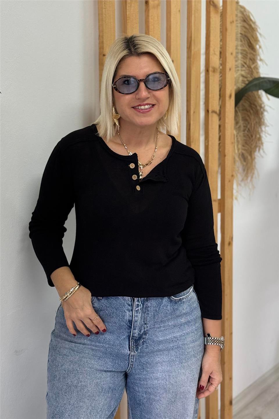 Siyah Bisiklet Yaka Düğmeli Basic İnce TrikoUT24111038-SIYAH-STD