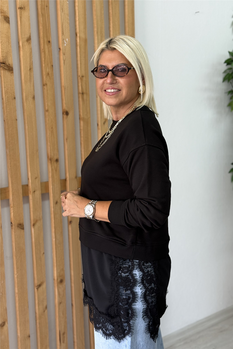 Siyah Bisiklet Yaka Eteği Saten Dantelli SweatUSW26001003-SIYAH-S