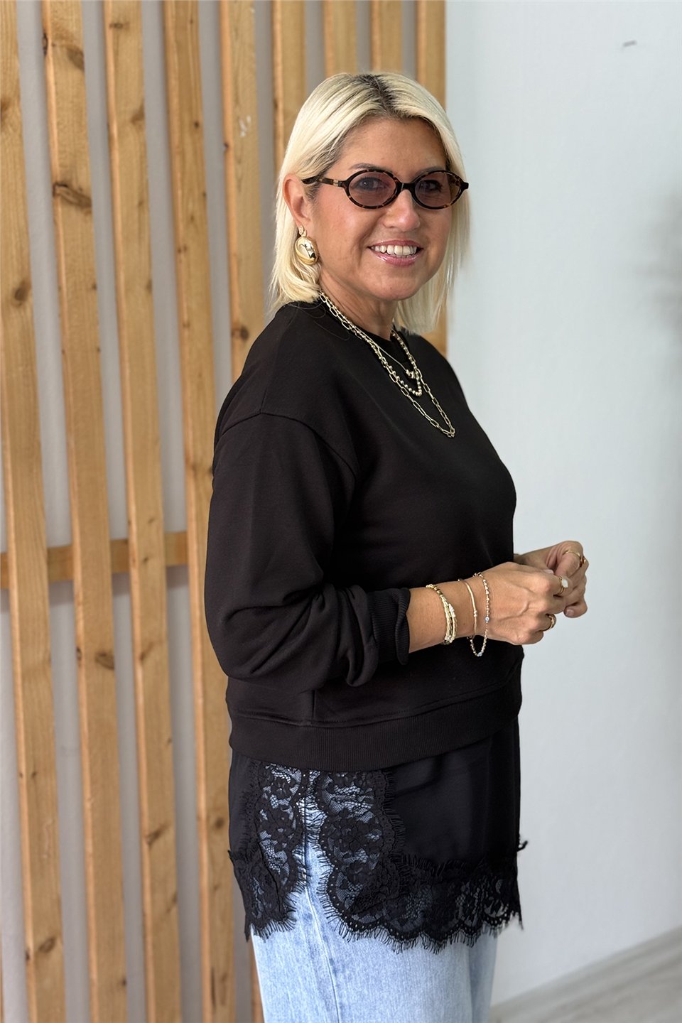 Siyah Bisiklet Yaka Eteği Saten Dantelli SweatUSW26001003-SIYAH-S