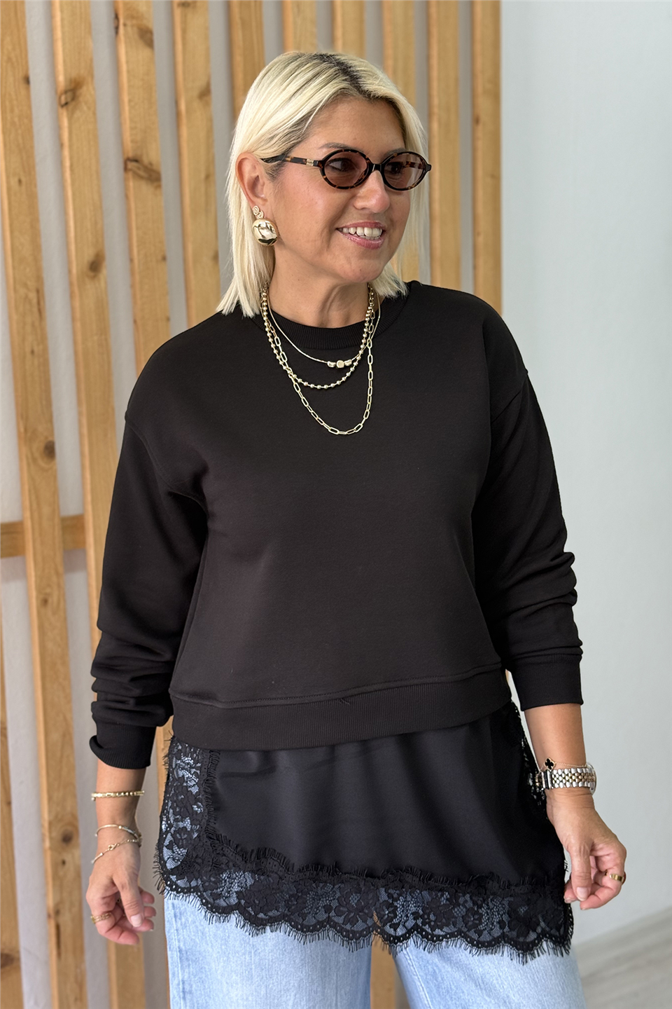 Siyah Bisiklet Yaka Eteği Saten Dantelli SweatUSW26001003-SIYAH-S