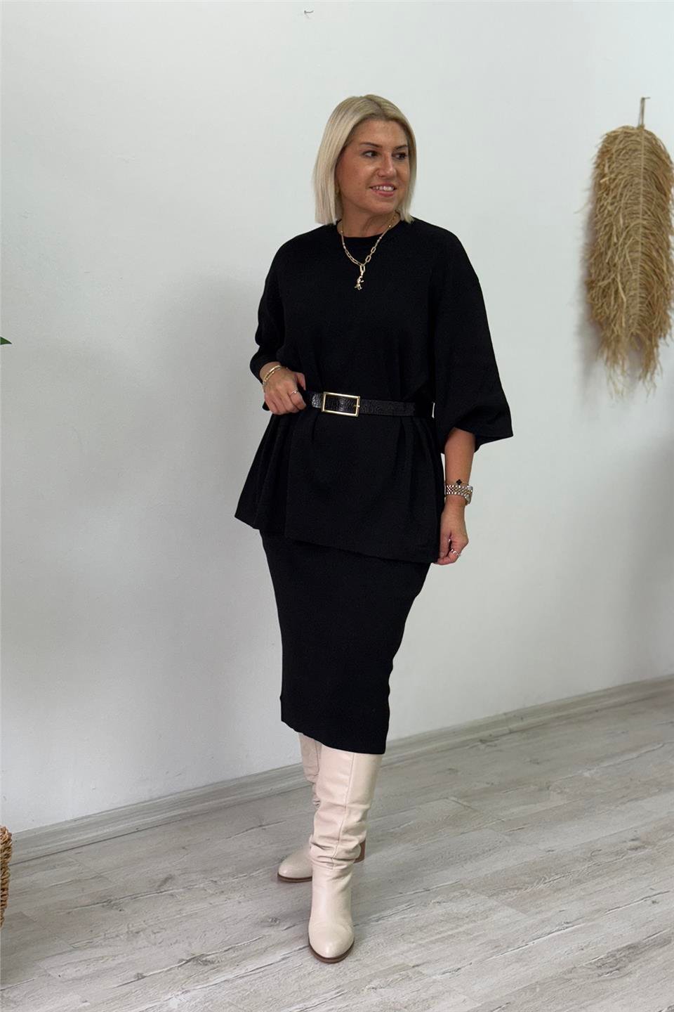 Siyah Bisiklet Yaka Etekli Triko TakımELB25013120-SIYAH-STD